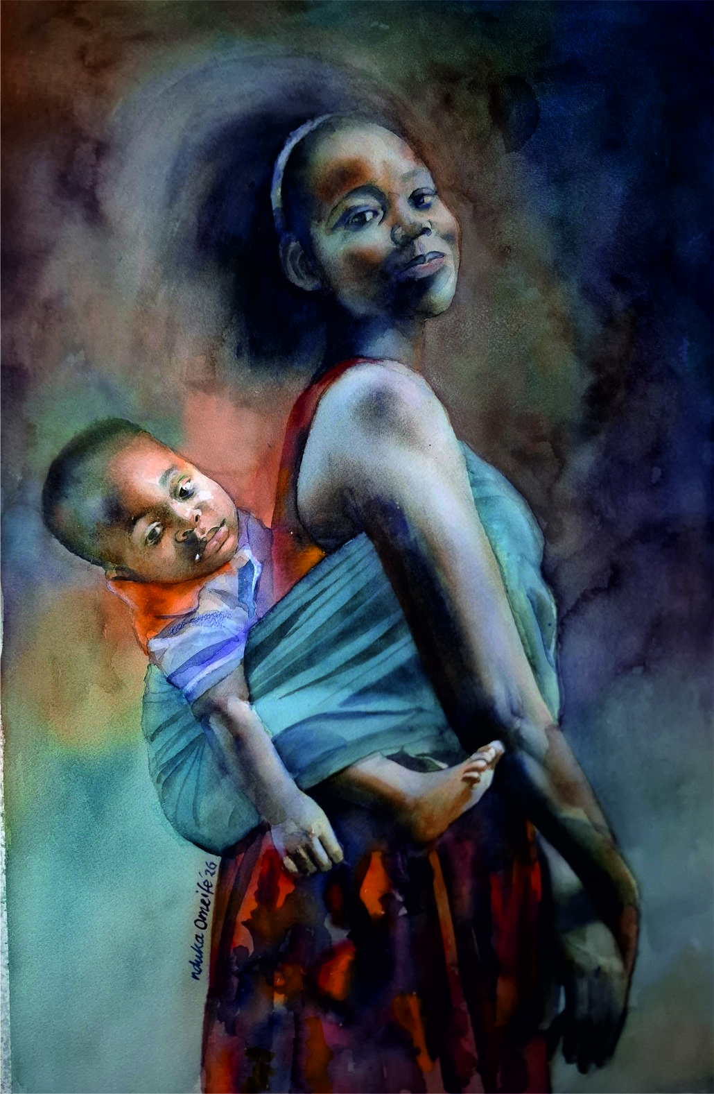 Nduka Omeife’s vibrant painting of a mother carrying her child