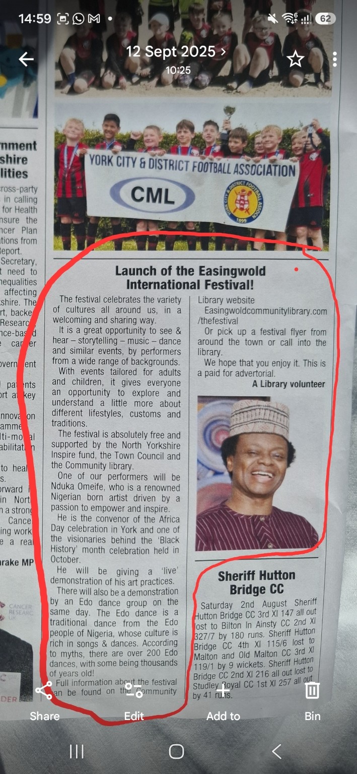 Highlighted Easingwold International Festival newspaper feature about Nduka Omeife